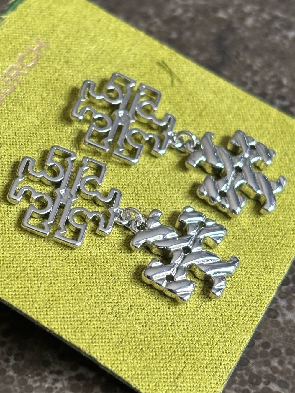 TORY BURCH SILVER BRITTEN DOUBLE LOGO LINEAR EARRINGS - Picture 2 of 6